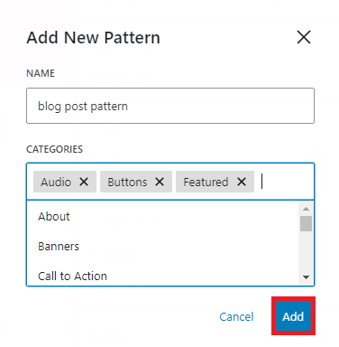 A user interface for adding a new pattern, featuring input fields for name and categories, with an "Add" button highlighted in red.