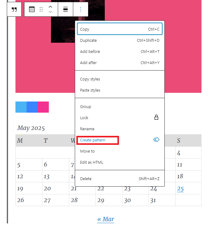 Context menu with "Create pattern" highlighted in red, displayed next to a calendar for May 2025. Background in varying colors.