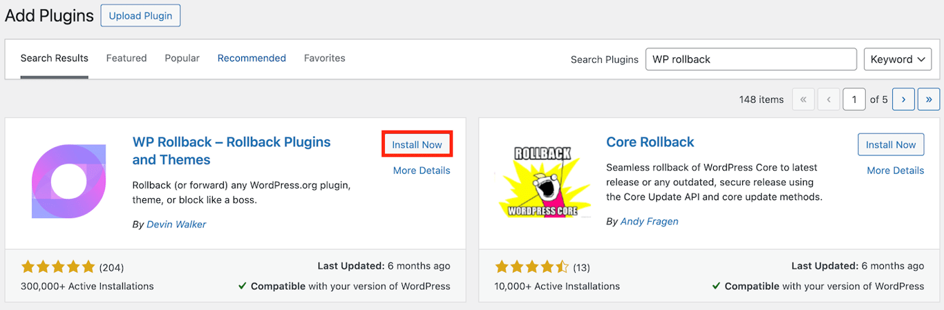 WP rollback on WordPress's plugin installation page