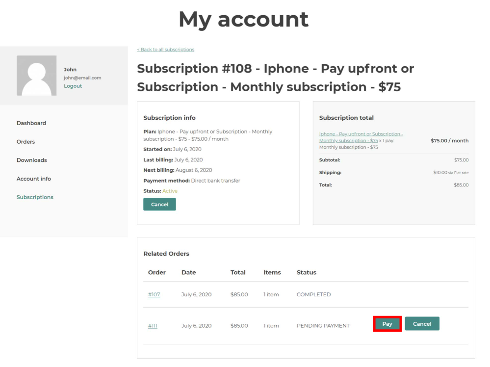 The My Account page showing a Yith subscription with the manual payment button highlighted
