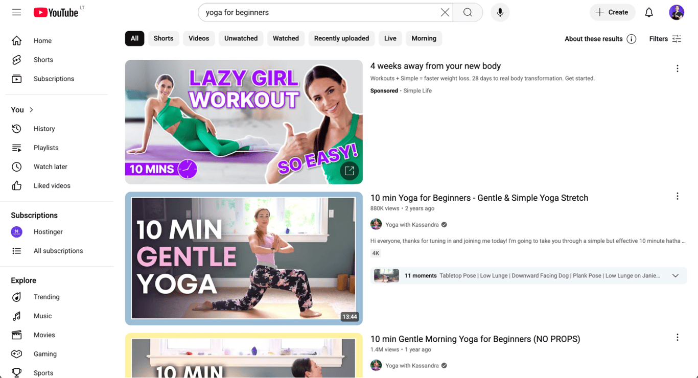 Yoga for beginners search results on YouTube