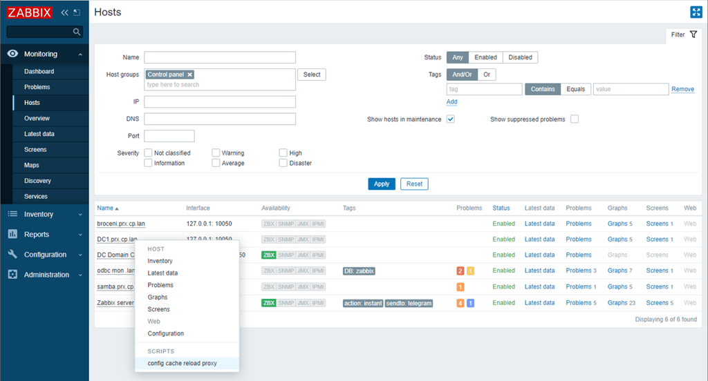 Visual view of the Zabbix user interface, where connected hosts that are being monitored are reviewed.
