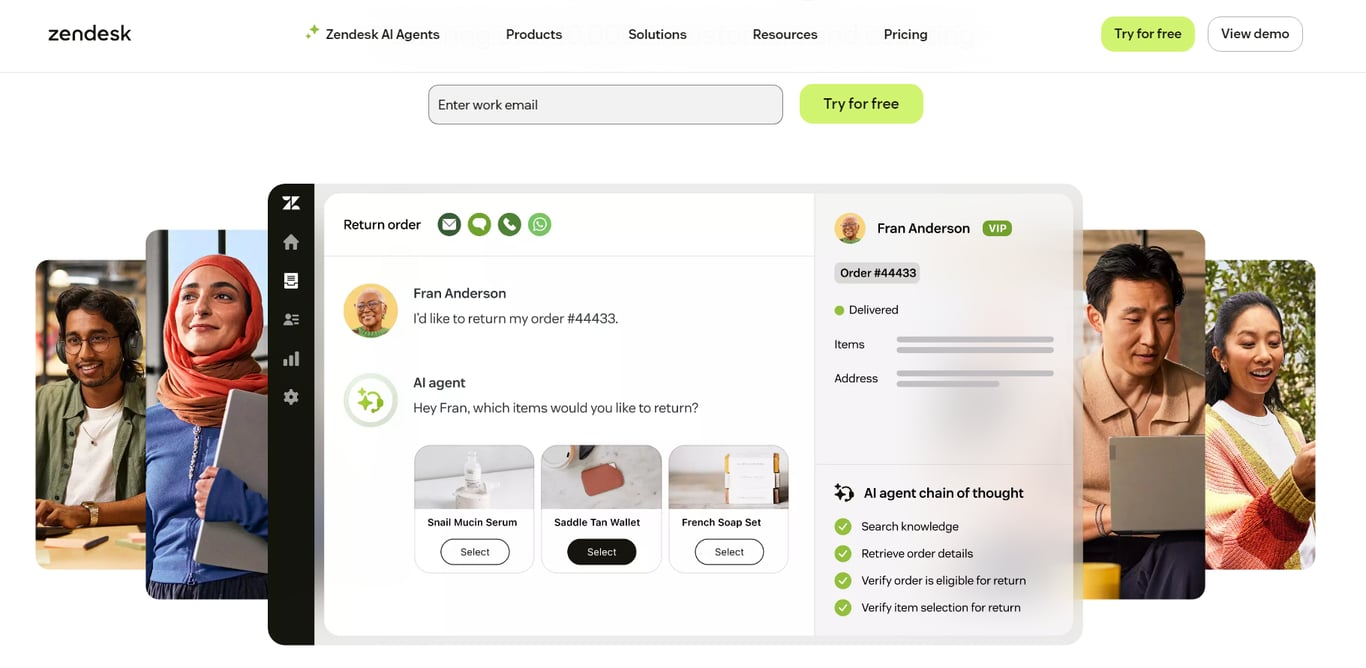 Zendesk interface showing a customer, Fran Anderson, requesting a return for order #44433 with options for item selection and AI support.