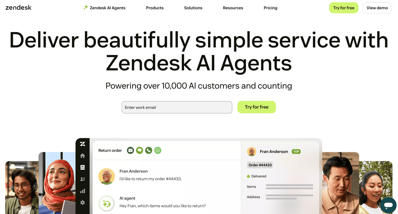 Homepage of Zendesk