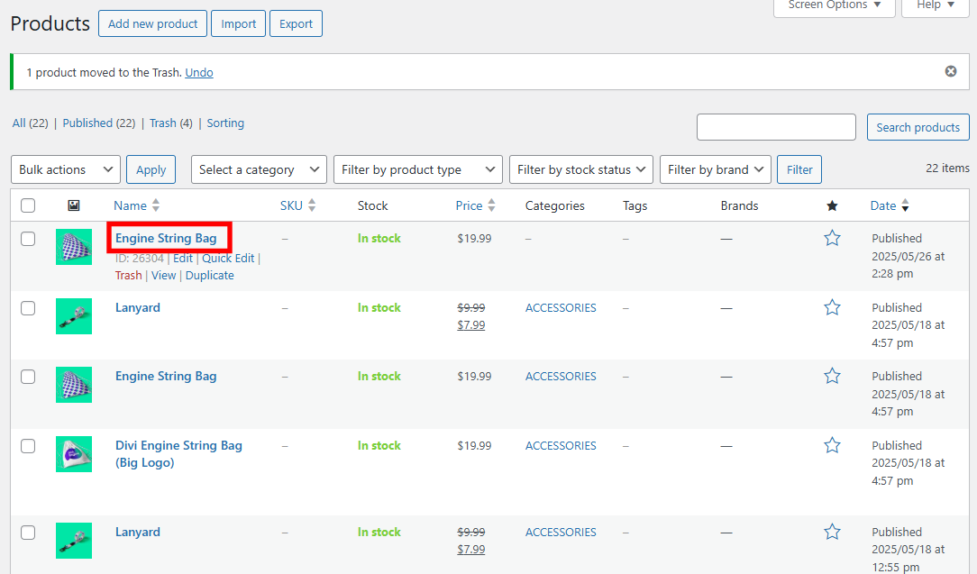 Product list with a product's name highlighted