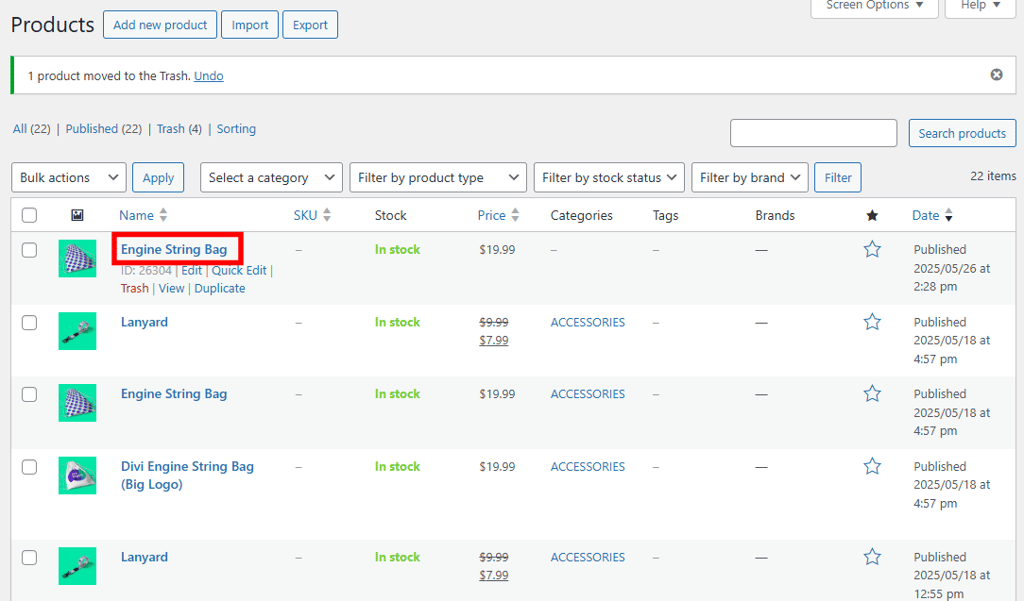 Product list with a product's name highlighted