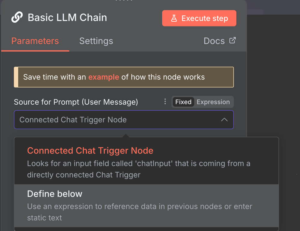 Basic LLM Chain's prompt source options