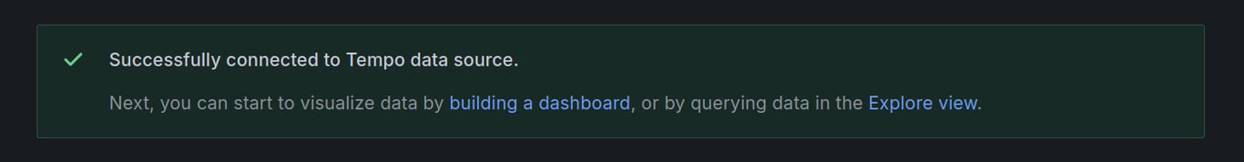 Grafana showing "Successfully connected to Tempo data source" message