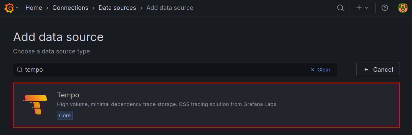 Grafana data source addition page with "Tempo" highlighted