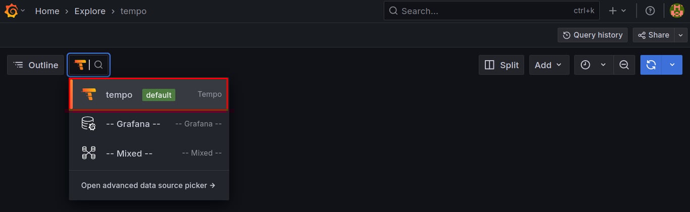 Grafana "Explore" page with "Tempo" data source selected