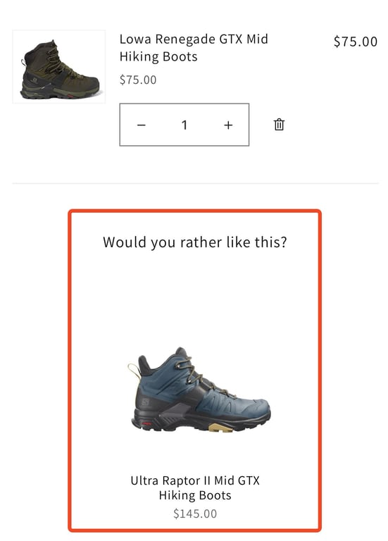 Upsell suggestion for a pair of hiking boots with a recommended higher-priced alternative