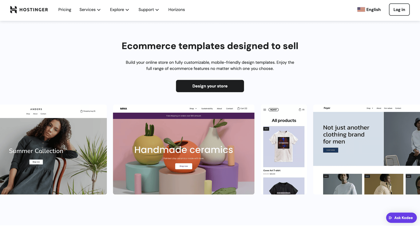 Hostinger&rsquo;s ecommerce website builder showcasing customizable templates for different online stores