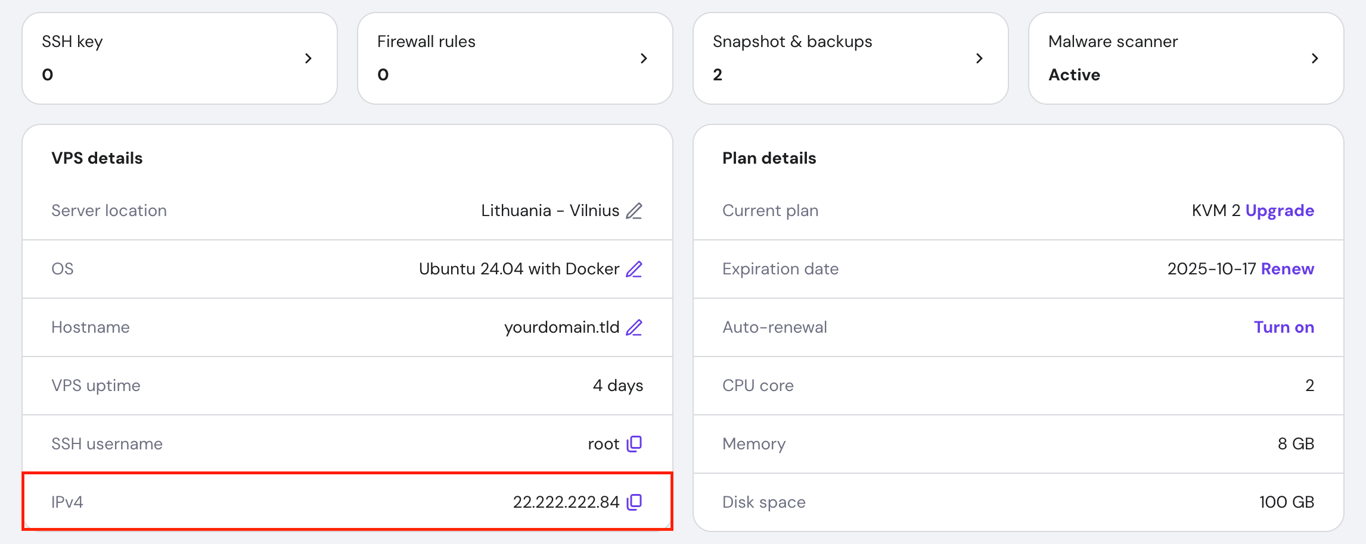 Hostinger hPanel VPS overview iPv4 highlighted