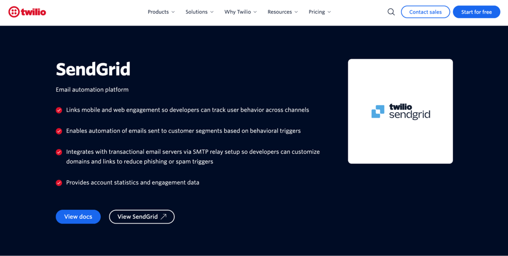 Twilio SendGrid homepage
