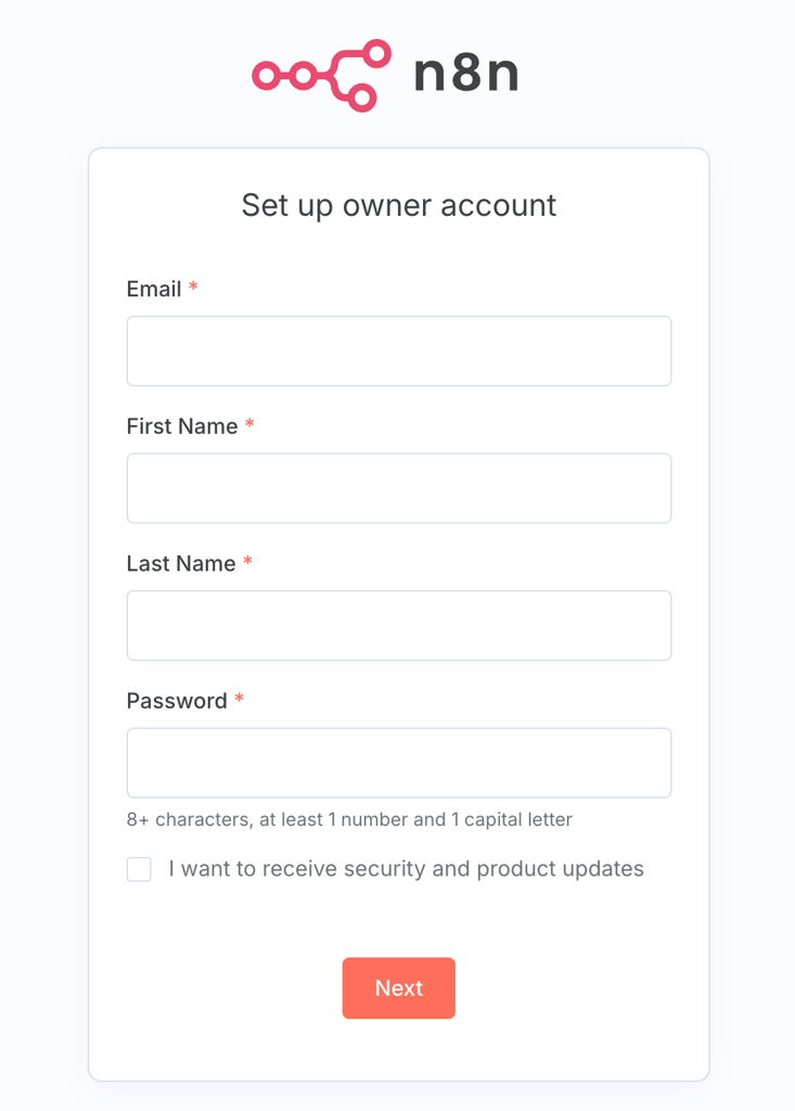 The n8n owner account registration page