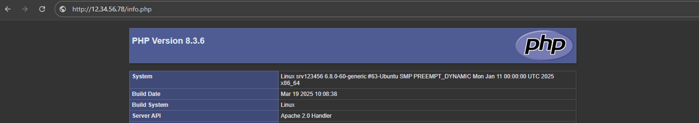 PHP info page displayed in the browser.