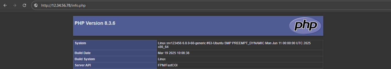 PHP info page displayed in the browser.