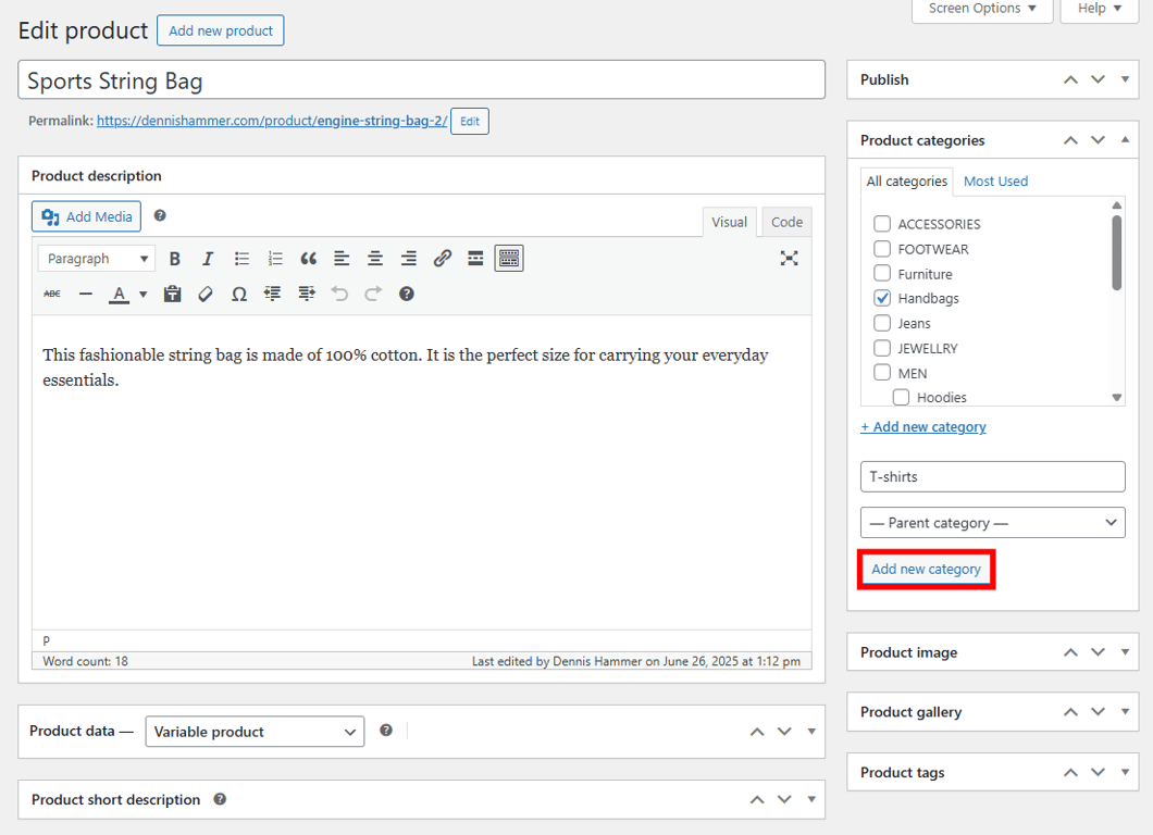 WooCommerce product editor with the Add new category button highlighted