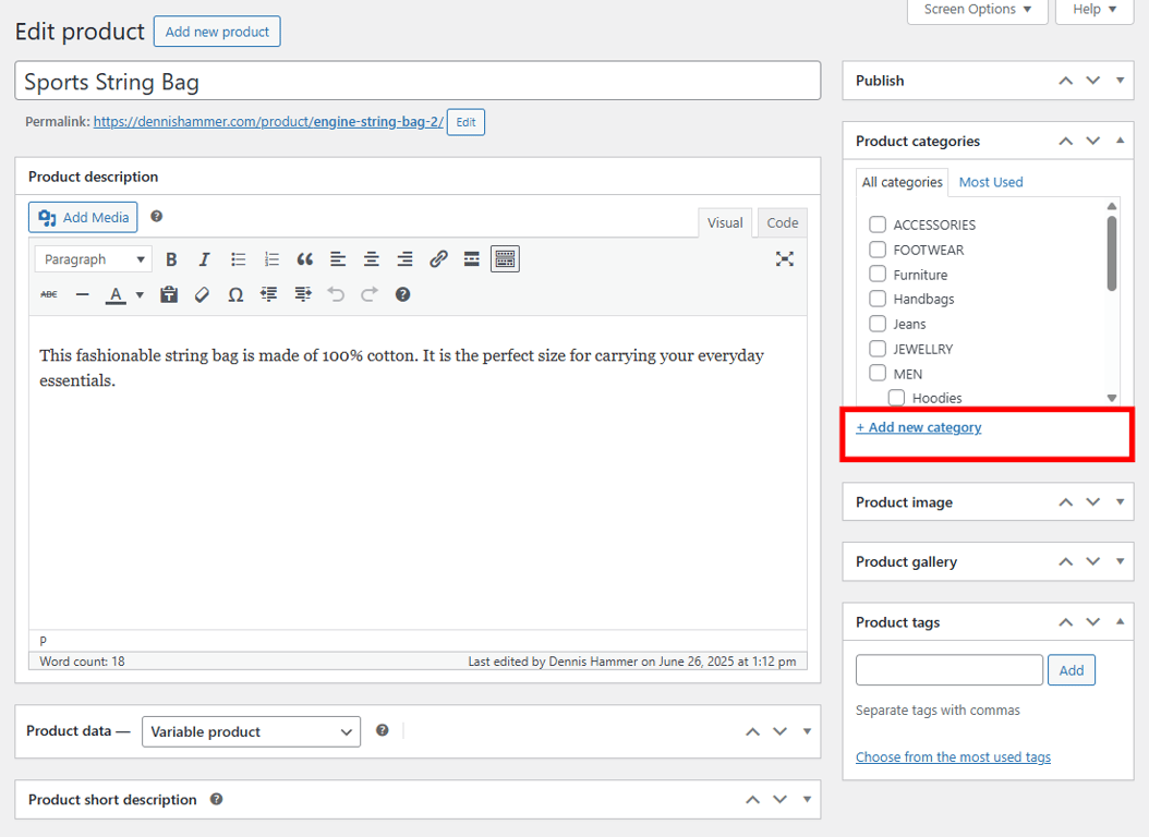WooCommerce product editor with the Add new category link highlighted