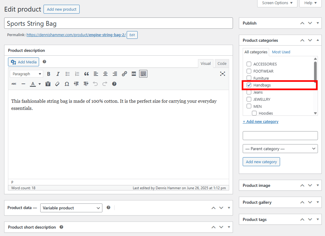 WooCommerce product editor with an individual category checkbox highlighted