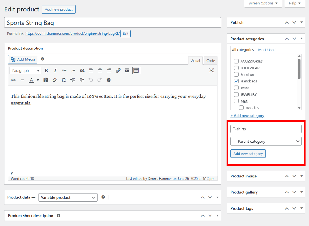 WooCommerce product editor with new category fields highlighted