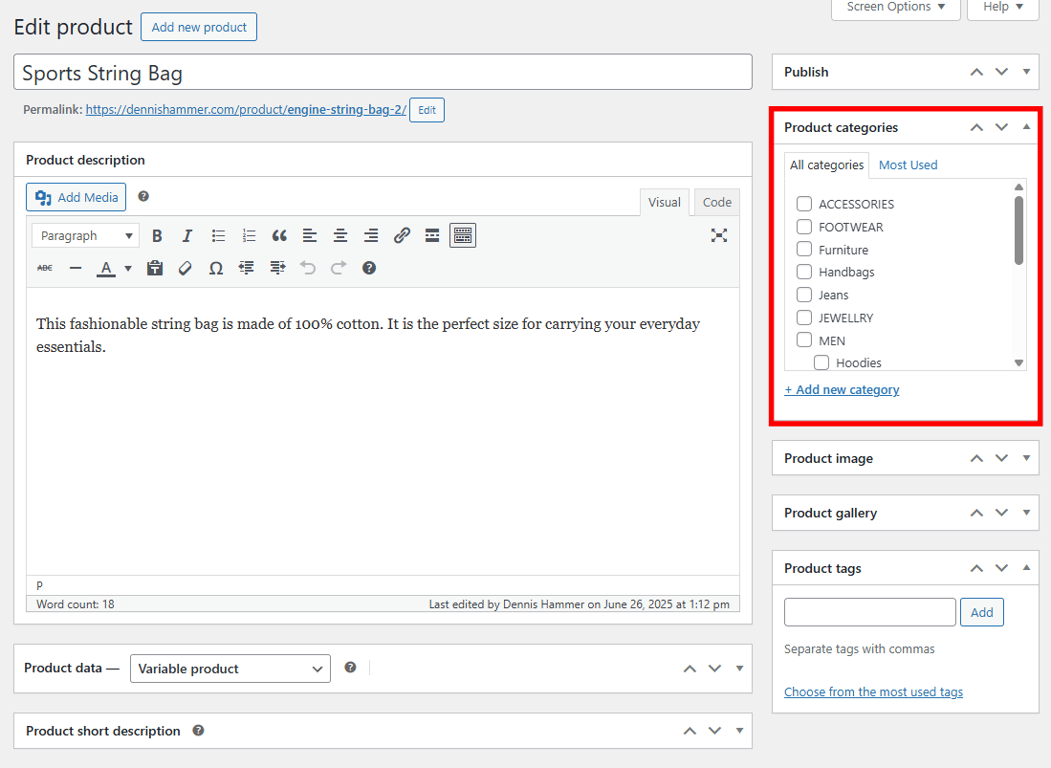 WooCommerce product editor with the categories section highlighted