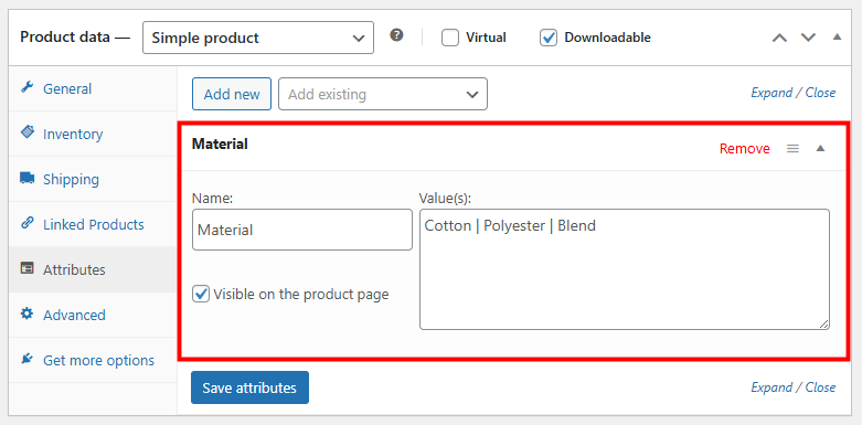 Product data section Attributes tab with the attribute editor highlighted
