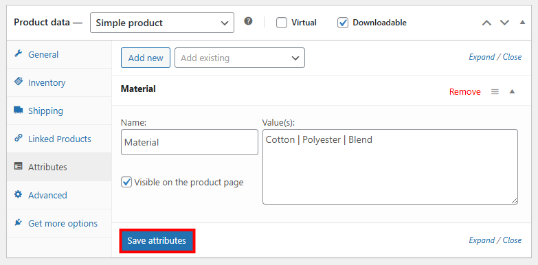 Product data section Attributes tab with the Save attributes button highlighted