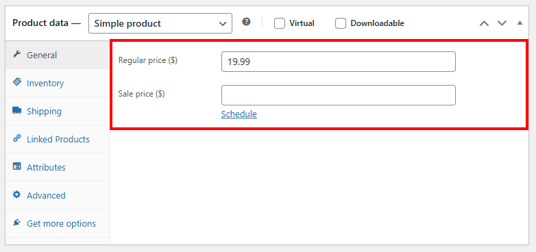 Product data section General tab with the price fields highlighted