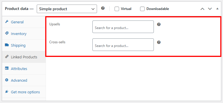 Product data section Linked Products tab with upsells and cross-sells highlighted