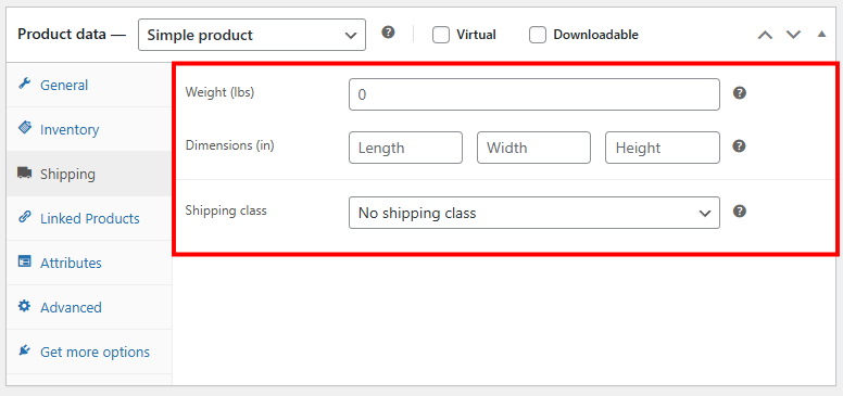 Product data section Shipping tab with the shipping options highlighted