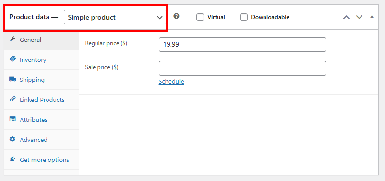 Product data section with the product type field highlighted
