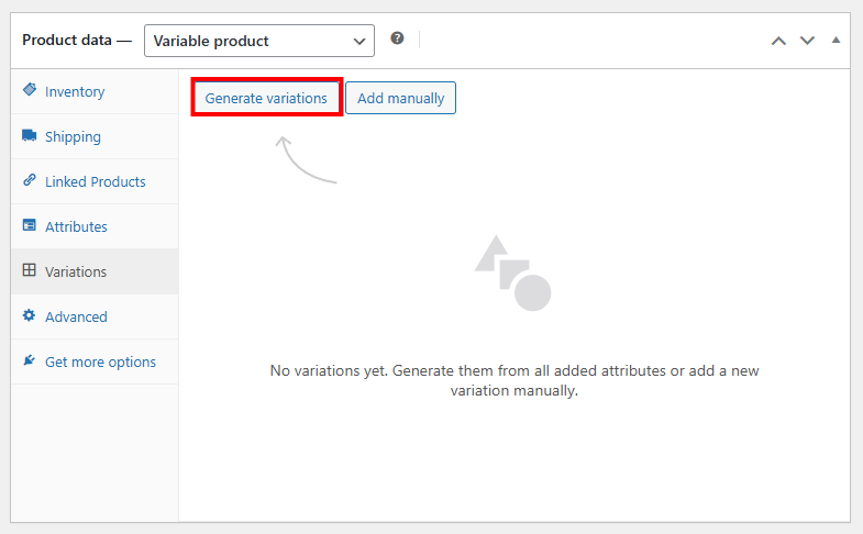 Product data section Variations tab with the Generate variations button highlighted
