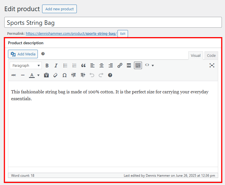 Product editor with the description field highlighted