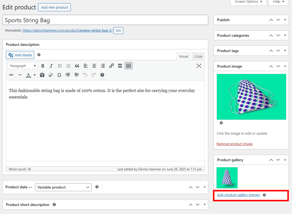 WooCommerce product editor with the Add product gallery images button highlighted