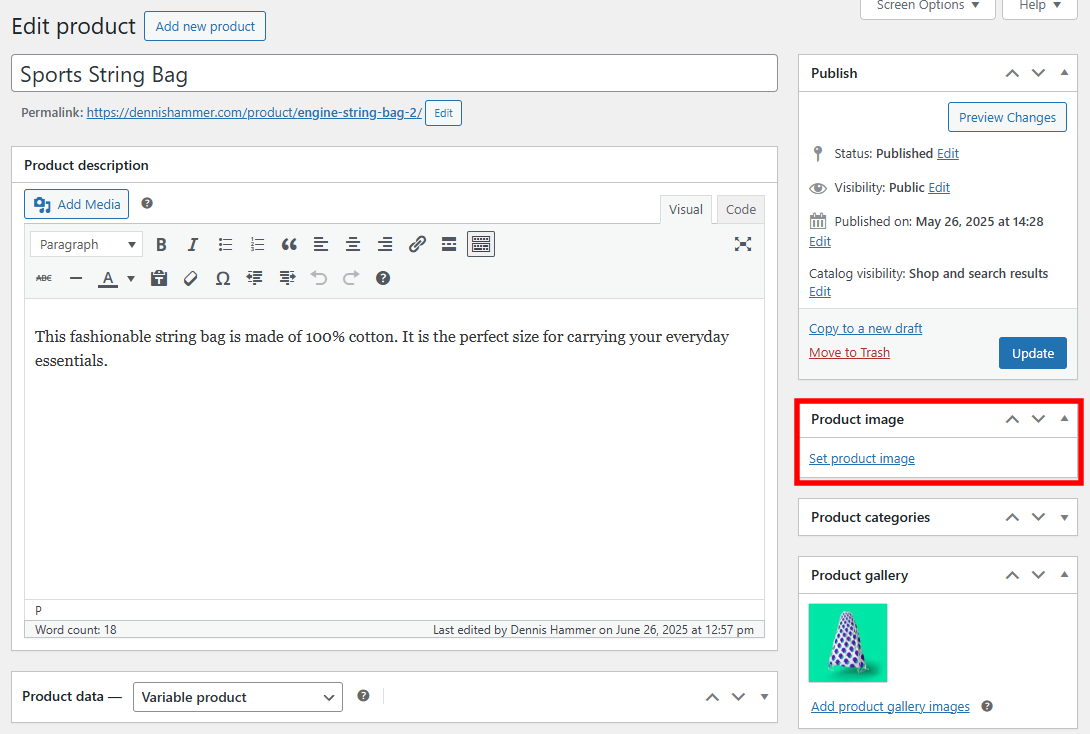 WooCommerce product editor with the featured image section highlighted