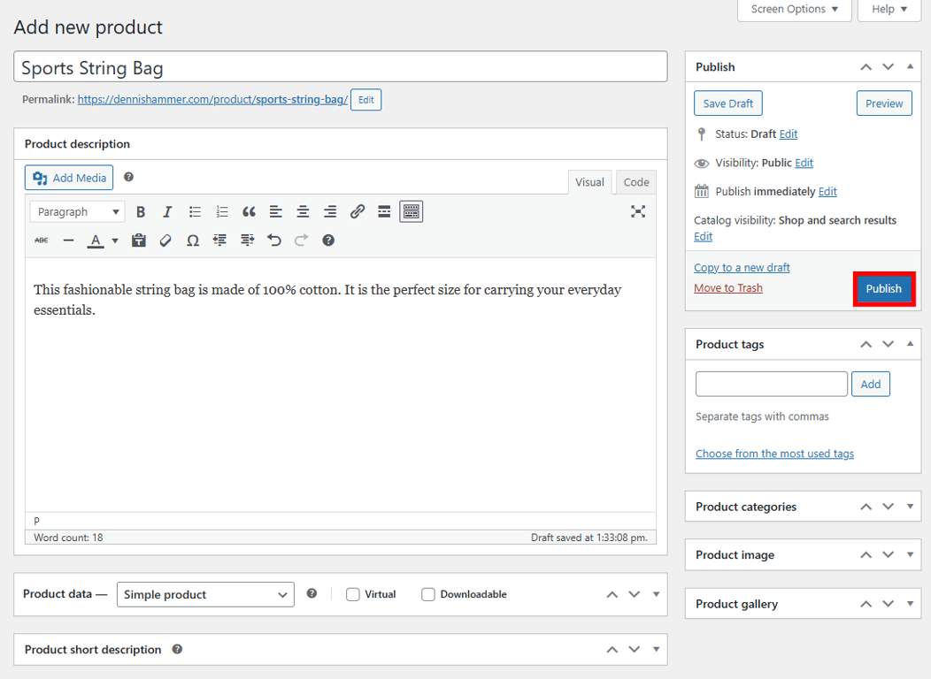 WooCommerce product editor with the Publish button highlighted