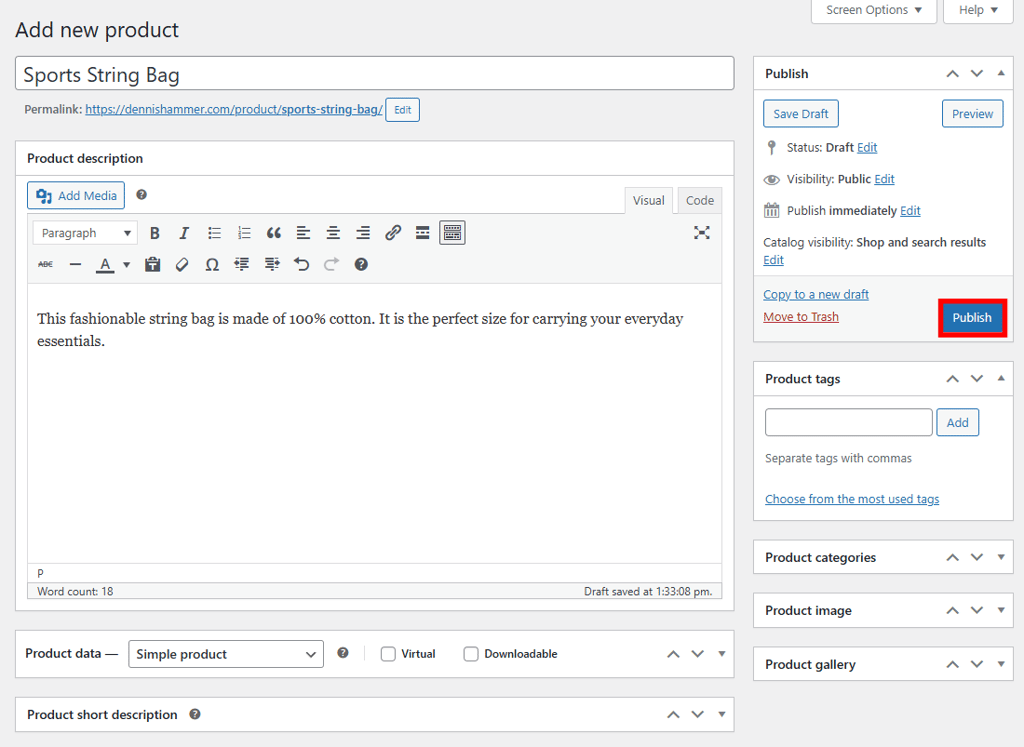 WooCommerce product editor with the Publish button highlighted