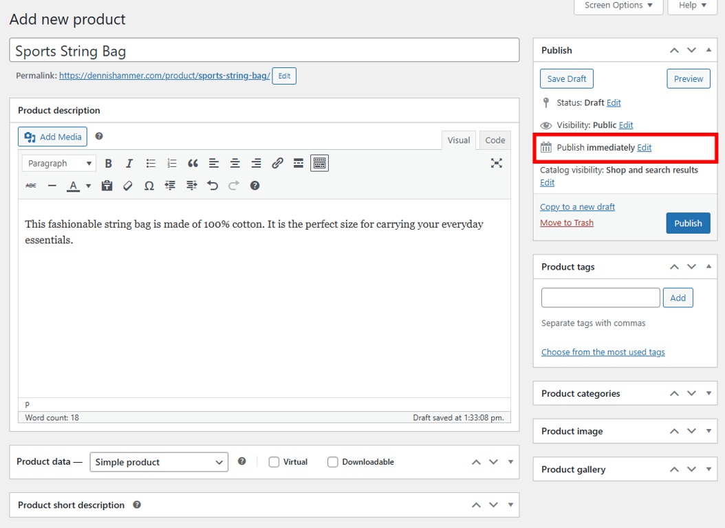 WooCommerce product editor with the link to change the publishing time and data highlighted