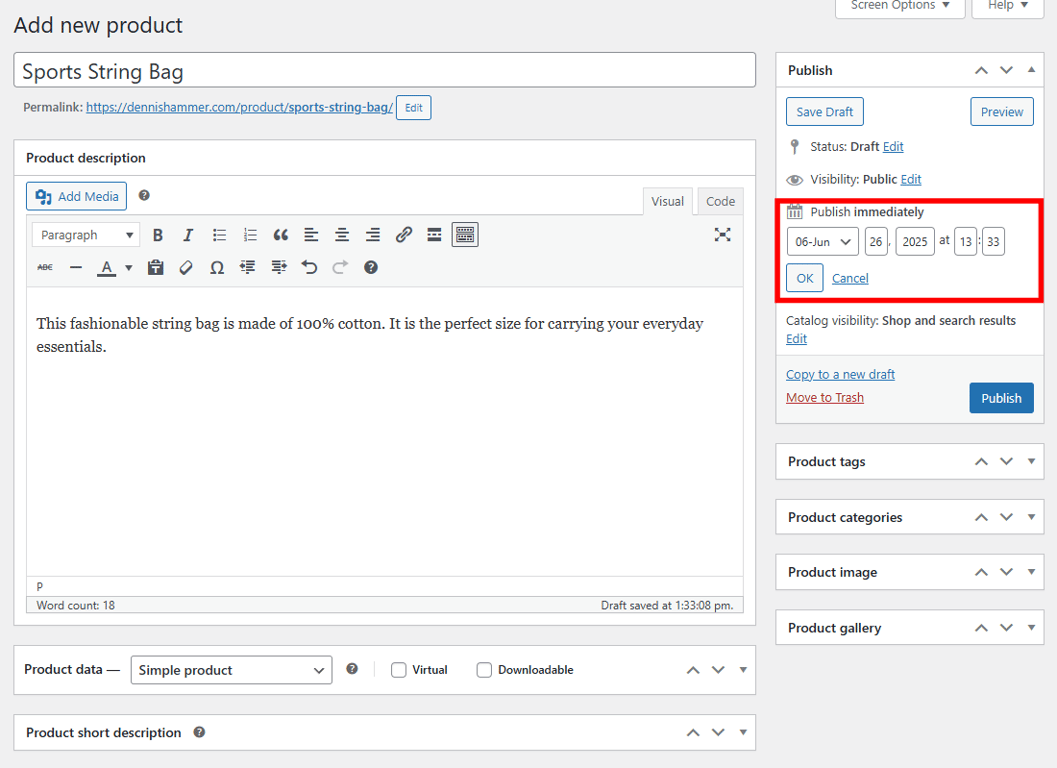 WooCommerce product editor with the scheduling options highlighted