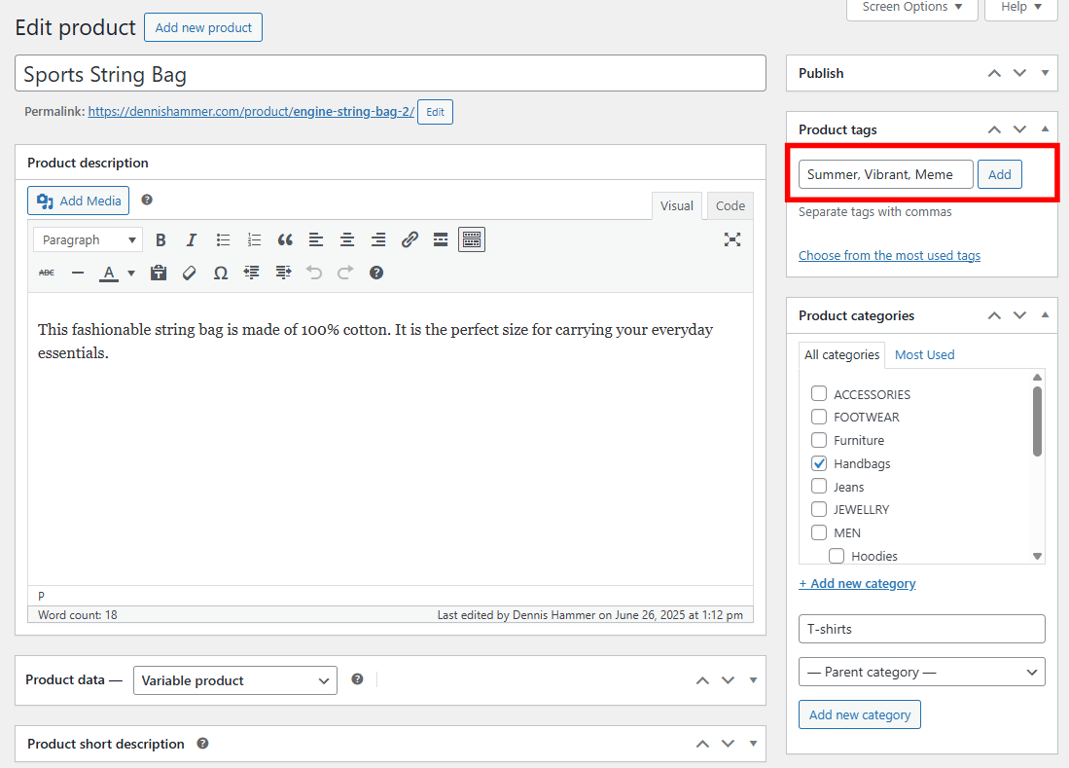WooCommerce product editor with sample tags highlighted