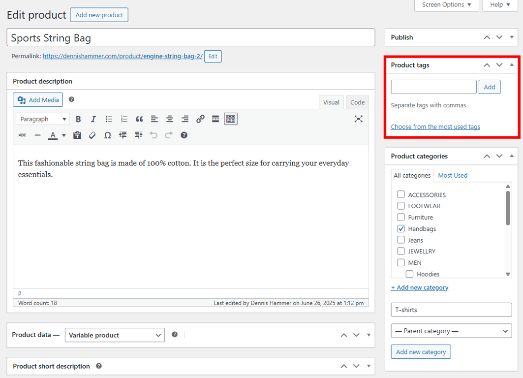 WooCommerce product editor with the tag section highlighted