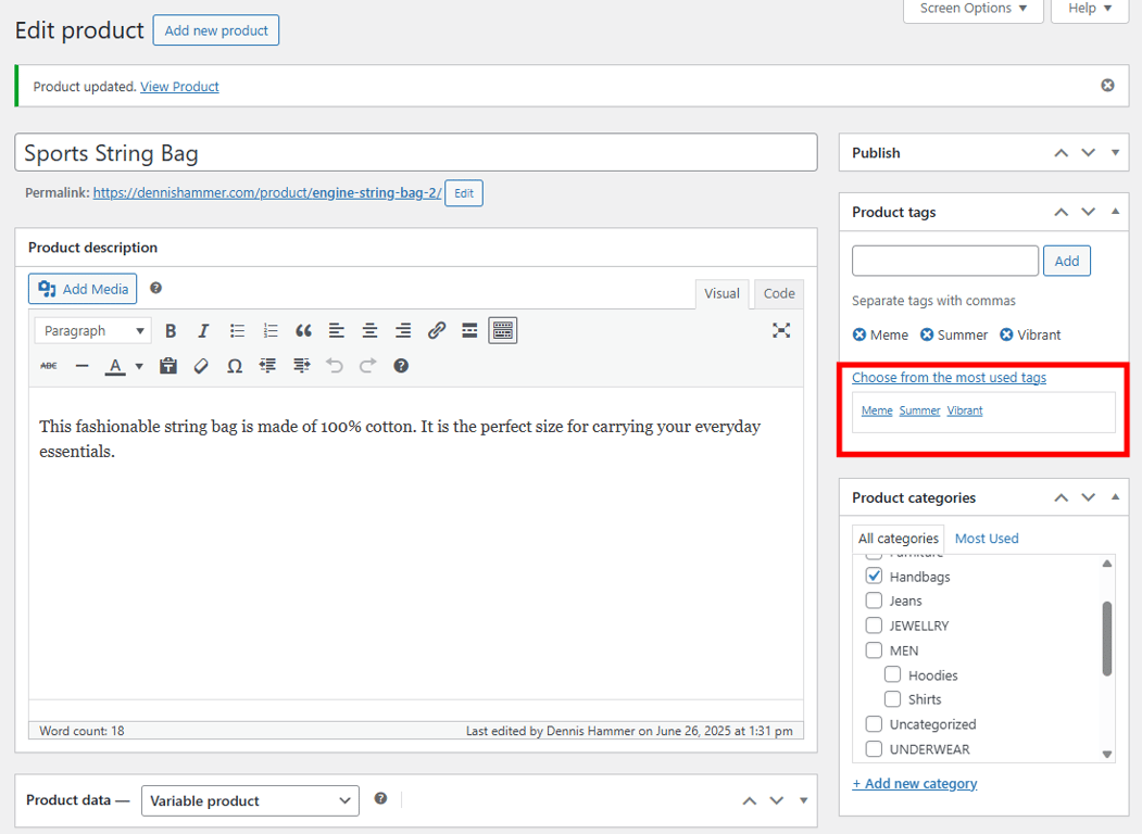 WooCommerce product editor with the most used tags highlighted 