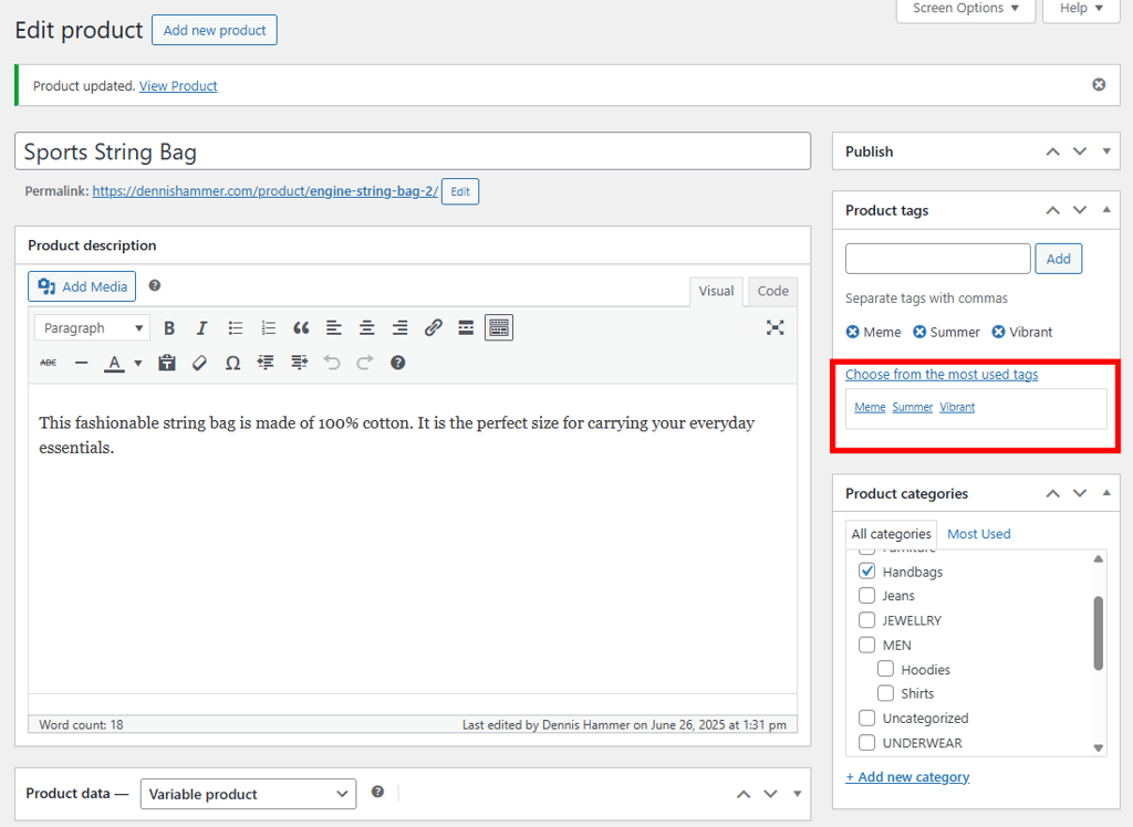 WooCommerce product editor with the most used tags highlighted 