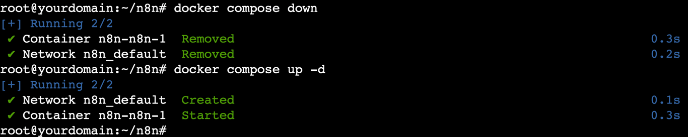 A terminal output shows the n8n container recreation process after changing environment variables