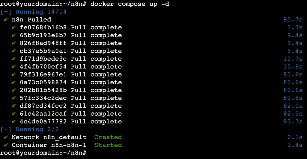 A terminal output shows a successful Docker container creation process