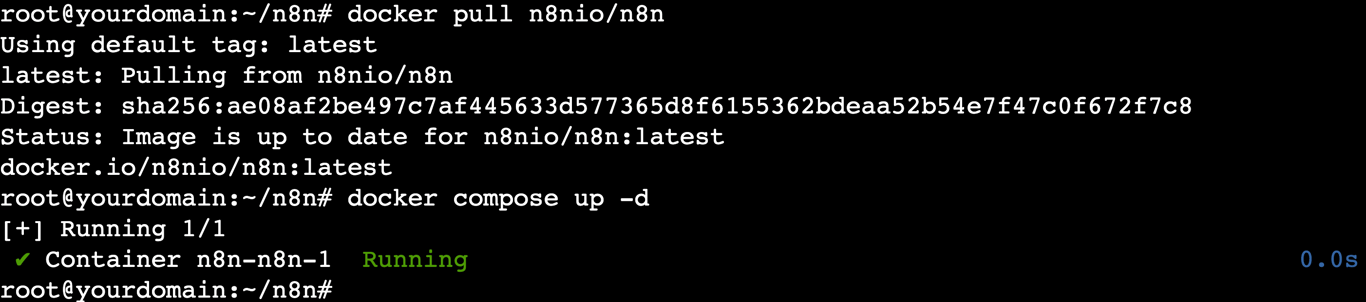 A terminal output shows the process of updating the n8n container