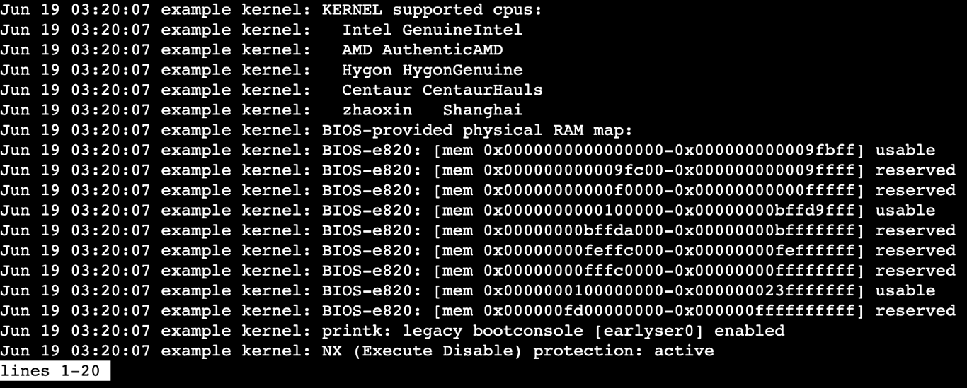 A terminal output shows logs from the current boot session