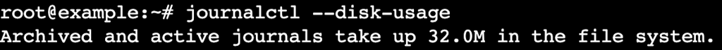 A terminal output shows the journal logs' disk usage