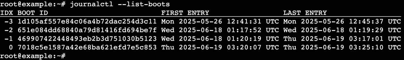 A terminal output shows all boot sessions with timestamps